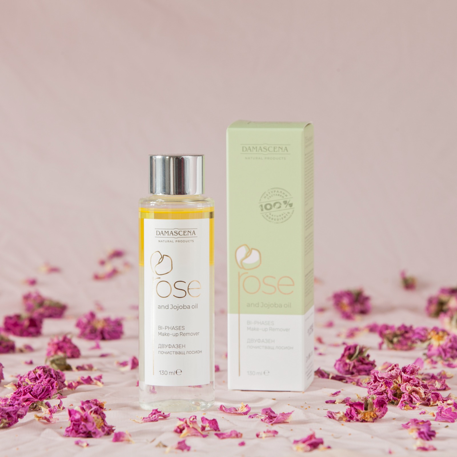 Lozione detergente bifasica con olio essenziale di Rosa Damascena per il viso 130 ml